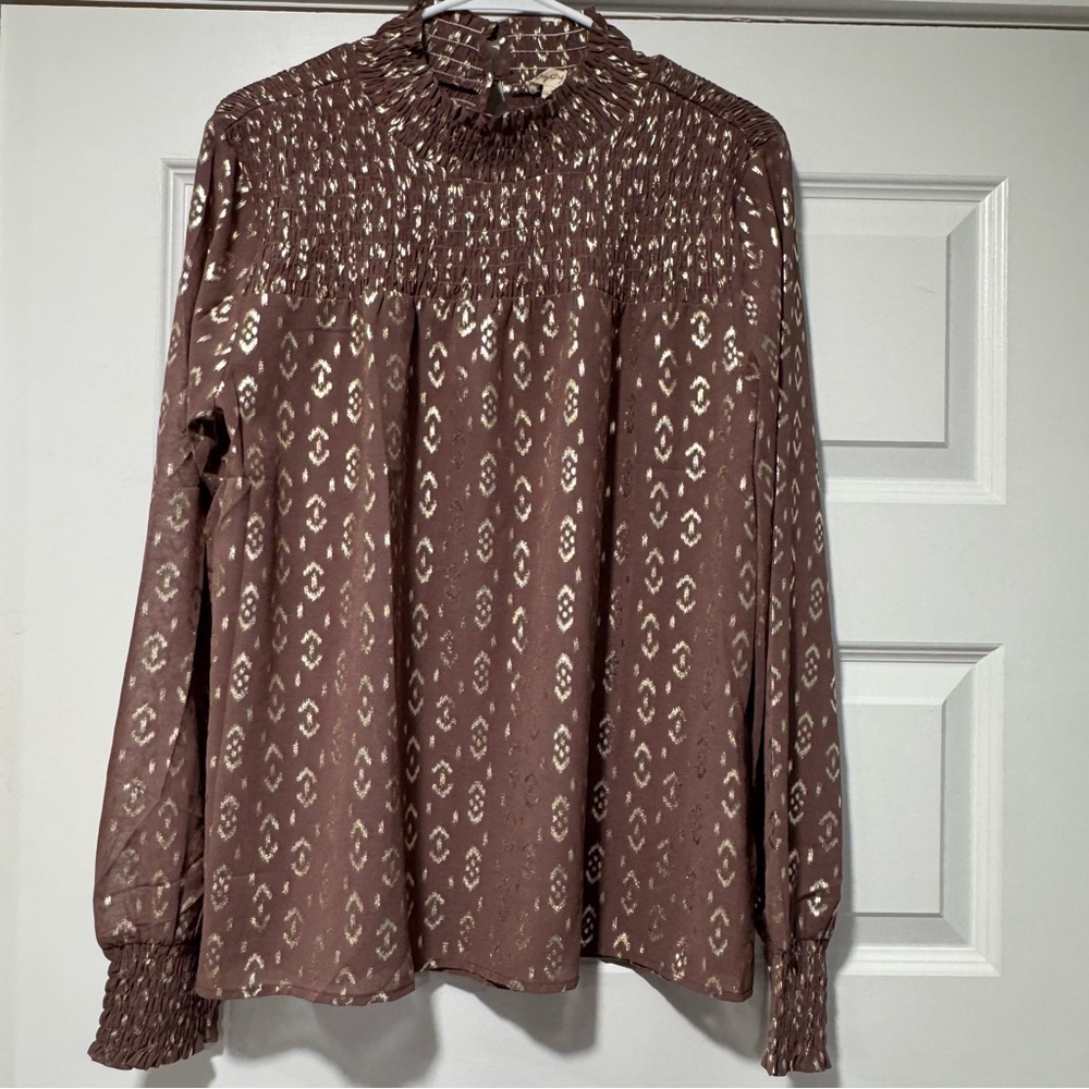 Mystree Brown and Gold Smocked Blouse - Picture 2 of 11